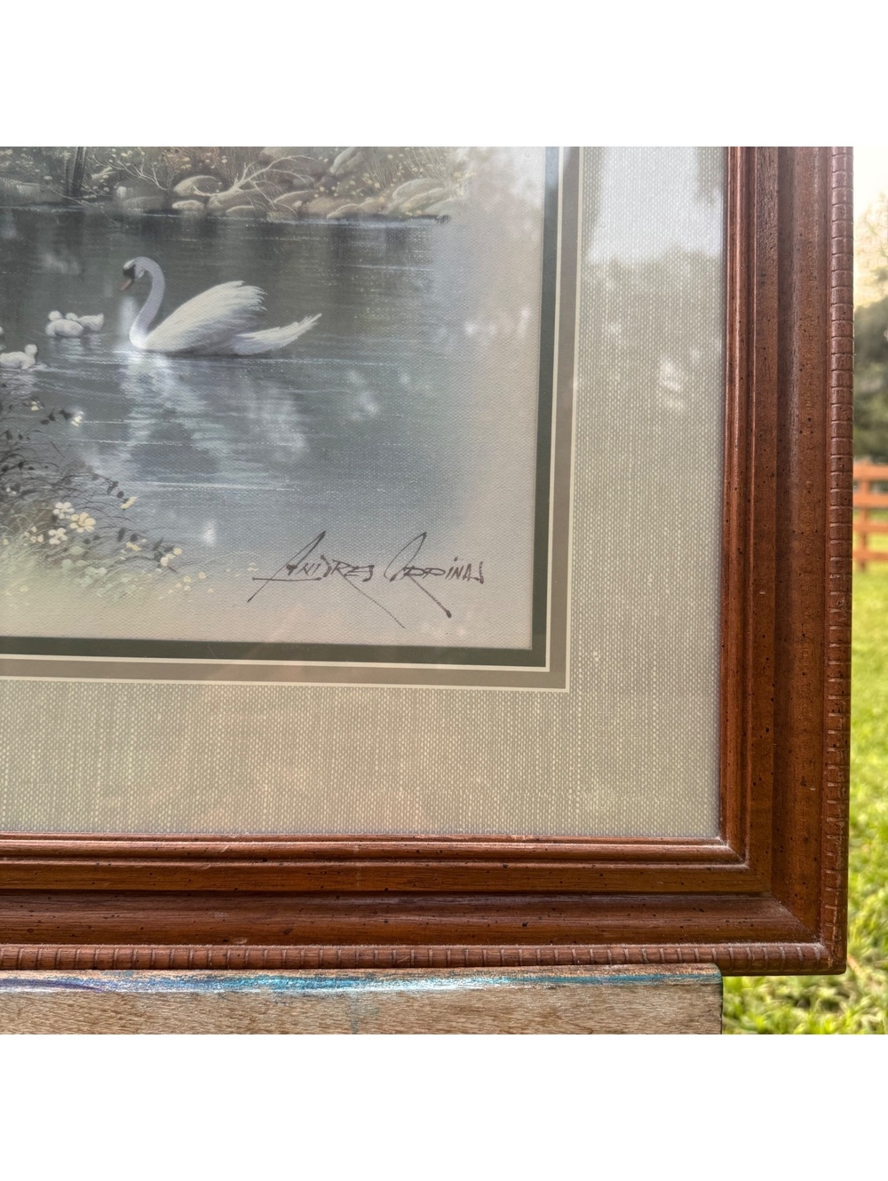 Vintage Andres Orpinas Framed Village Swan Landscape Print 25x29 Wall Art - Picture 5 of 9